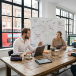 Team discussing software development strategies in a modern office with whiteboard and large windows, London bus outside