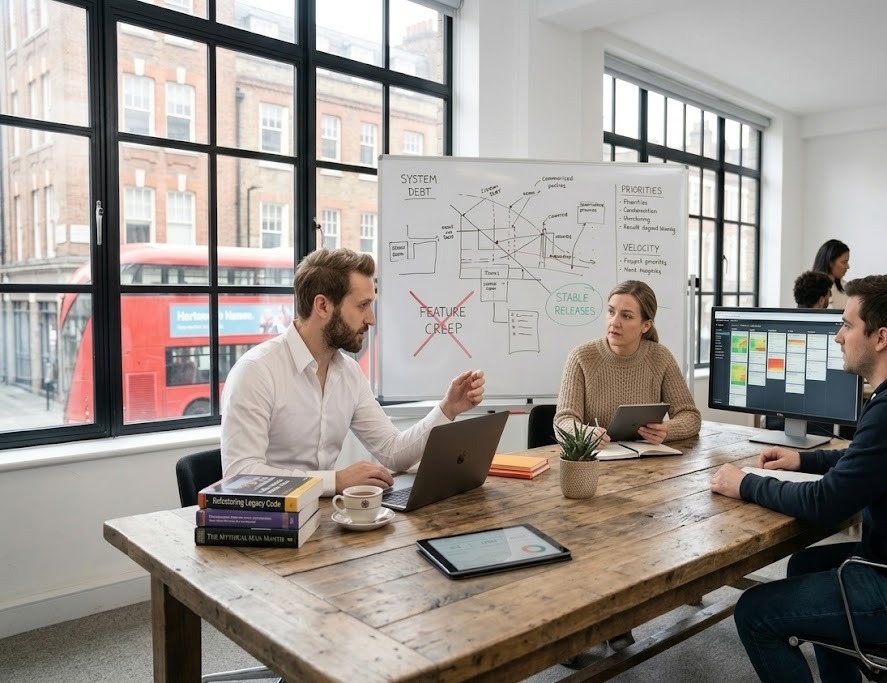 Team discussing software development strategies in a modern office with whiteboard and large windows, London bus outside