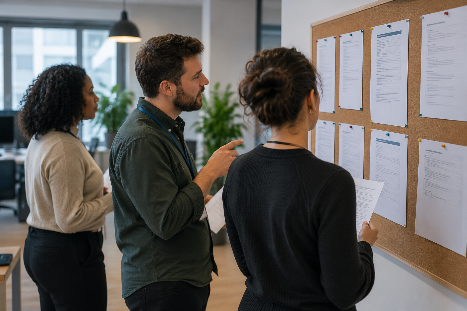 Colleagues discussing documents pinned on office notice board in modern workspace