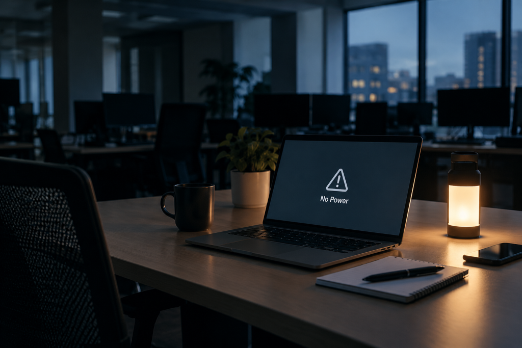 Laptop showing No Power message on office desk with lantern, mug, notepad, pen, and cityscape in background