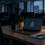 Laptop showing No Power message on office desk with lantern, mug, notepad, pen, and cityscape in background
